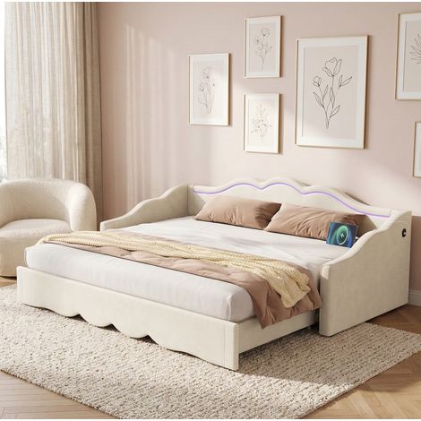 Lit extensible 90x200 cm, 180 cm déployé, avec LED et ports USB/Type-C, velours beige HAVRYA (1/5)