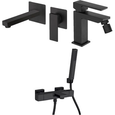 Set Rubinetti Jacuzzi per lavabo a parete e bidet senza scarico e vasca serie Twinkle YO nero opaco (1/5)