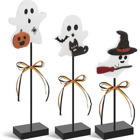 Lot de 3 figurines Specter en bois sculpté, décoration d'Halloween pour table, ornement artisanal effrayant, accessoire fête fantomatique.