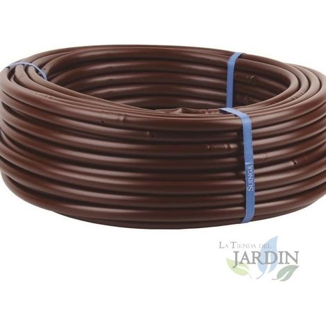 Tubazione marrone da 16 mm x 25 metri. Gocciolatori ogni 33 cm. Prodotto in Spagna.