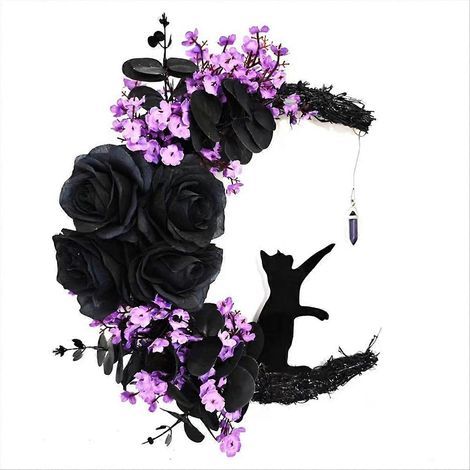 Décorations d'Halloween : Couronnes de porte en forme de lune, roses, guirlande de chats noirs, B (1/5)