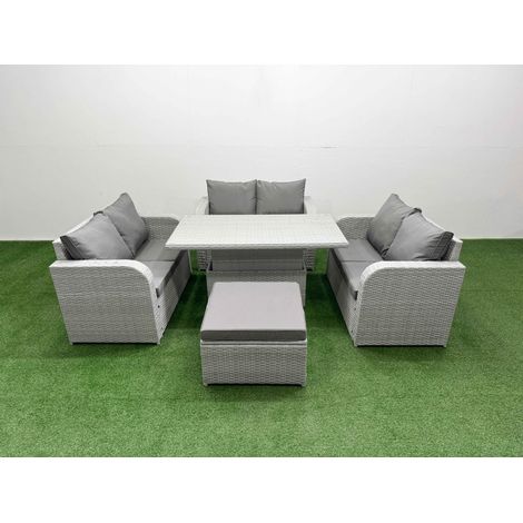 Fimous 7 Seater PE Wicker Rattan Furniture Sofa Sets with Adjustable Lifting Dining or Coffee Table 2 Seater Love Sofa Big Footstool Light Grey (1/5)
