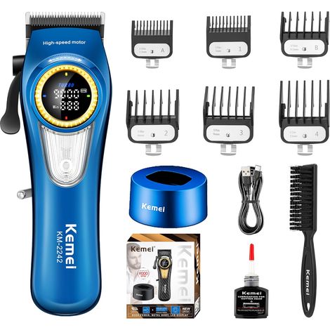 Tondeuse à cheveux pour hommes, 4500 mAh, avec écran LED et base de chargement, sans fil, moteur sans balais 9000 tr/min, bleu (1/5)
