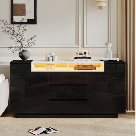 Wohnzimmer-Sideboard 140x40x68 cm aus schwarzen Spanplatten mit LED und Stauraum – MEUBLIV (1/5)