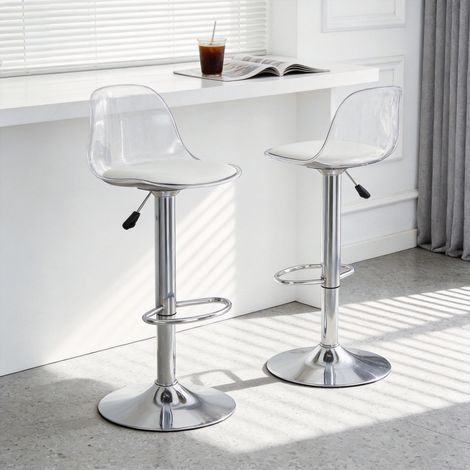 Lot de 2 tabourets de bar réglables : dossier transparent + pieds en métal argenté, hauteur réglable de 82 à 104 cm, rotation à 360°. (1/5)