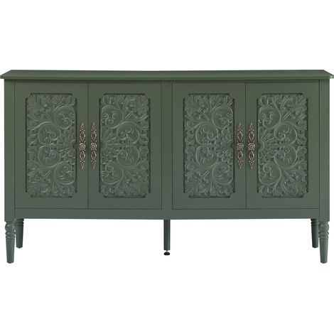 Sideboard mit Türen mit Reliefschnitzerei und Metallgriffen, Grün, 160 x 40 x 89 cm (1/3)