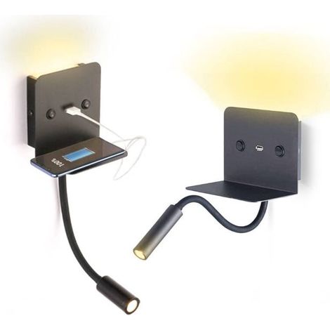 Applique murale LED Slange 3W avec liseuse intégrée, port USB, finition noire, éclairage de lecture, lampe de chevet moderne, fixation murale, 1 pièce (1/5)