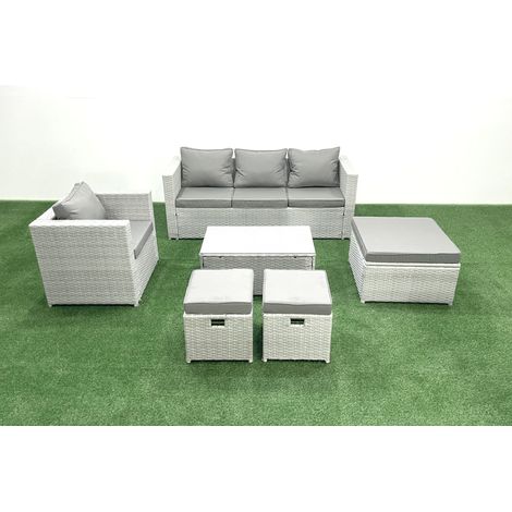 Fimous Rattan Garden Furniture Set with 3 Seater Sofa Chair Rectangular Coffee Table 3 Footstools Light Grey Mixed 6 Seater (1/5)