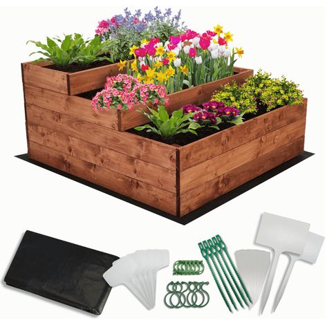 MODO24 Carré potager surélevé en bois, 3 niveaux en cascade, 45x90x93 cm, jardin/terrasse, kit jardinier inclus, brun imprégné