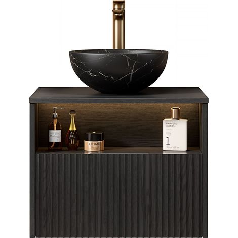 Meuble vasque de salle de bain suspendu 60 cm avec vasque bol noire en céramique à motif pierre, meuble en contreplaqué strié avec tiroir et étagère, éclairage à capteur, préassemblé, noir