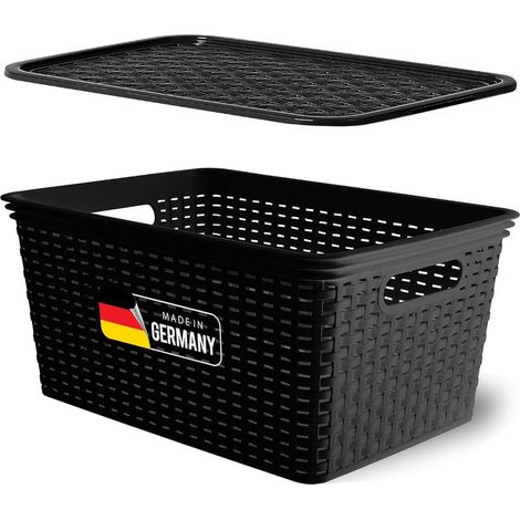 Boîte de rangement avec couvercle, grand panier 14L, noir en rotin, panier de rangement alimentaire, boîte empilable, plastique emboîtable