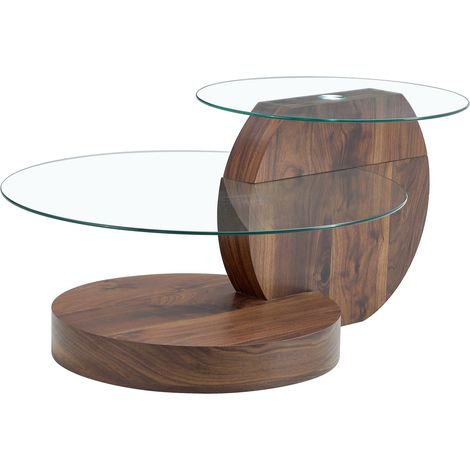 Mesa de centro moderna de cristal templado, diseño de doble nivel, MDF y acabado nogal (1/5)