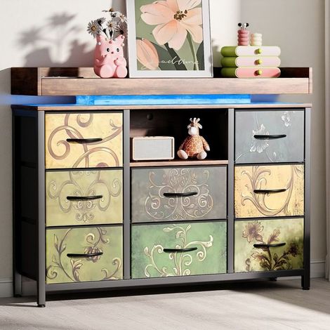 Salonbuffet mit 8 Schubladen, Niedriger Buffet, Offene Regale, Kommode mit LED-Beleuchtung und USB, Stoff+Metall, Aufbewahrungsmöbel