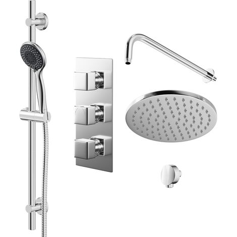 Cubix Polished Chrome Triple Thermostatic Valve Mixer Shower with Round Fixed Head and Clyde Shower Slide Rail Kit - 2 Outlet (1/5)