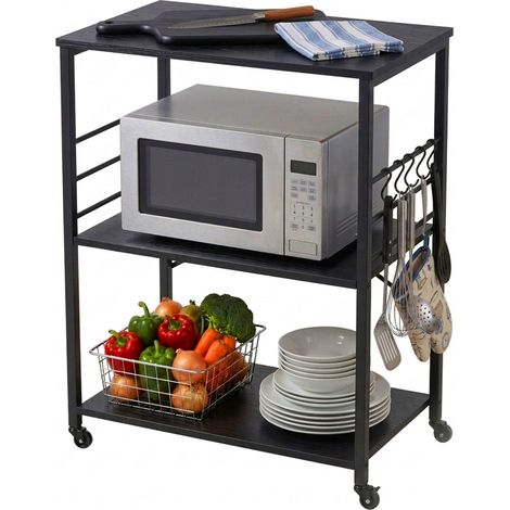 Relaxdays carrello da cucina, 3 ripiani, 6 ganci a S, HxLxP: 89 x 60 x 40 cm, MDF e acciaio, carrello portavivande, nero