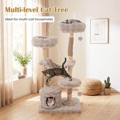 Repos, jeu et griffade : arbre à chat 147 cm avec niche, hamac, poteaux en sisal et 2 balles pour chats d'intérieur (1/5)