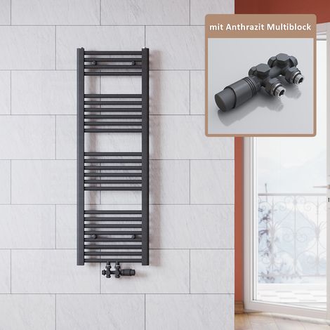 SONNI Radiateur de salle de bain anthracite 1200x400mm Radiateur tête thermostatique sèche-serviettes salle de bain,avec vanne (1/5)