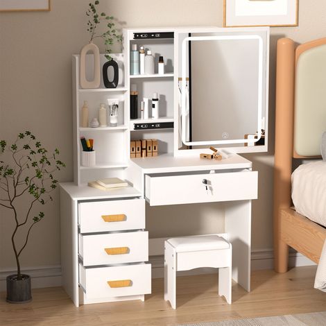 FIANAO – Schminktisch mit LED Spiegel – 4 Schubladen und offene Regale, inkl. Hocker, für Schlafzimmer -Geräumige Arbeitsfläche - Wohnaccessoires - Weiß – Maße: 90 × 37 × 135 cm (1/5)