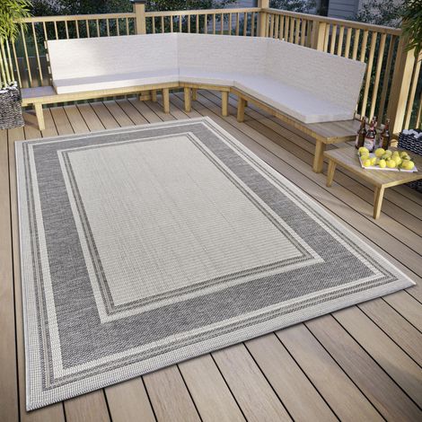 Tapis d'intérieur et d'extérieur résistant aux intempéries, Motif Moderne Bicolore, imperméable, Tapis extérieur Robuste tissé Plat pour Jardin, Balcon, terrasse, Salon – Beige/Gris, (1/5)