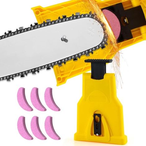 Affûteur de chaîne de tronçonneuse avec 6 pierres à aiguiser, kit d'affûtage portable pour chaînes de 14 à 20 pouces, affûtage rapide, jaune (1/5)