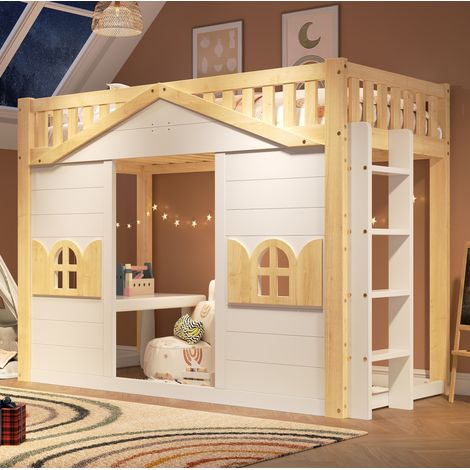 Lit mezzanine enfant en bois 90x200 cm avec fenêtre, échelle réversible, sommier à lattes, pin et MDF, blanc (1/5)