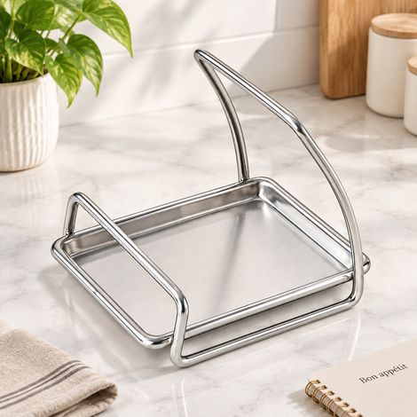 Support de couvercle de casserole en acier inoxydable, porte-spatule et cuillère avec bac récupérateur d’eau amovible, rangement pour plan de travail de cuisine (1/5)