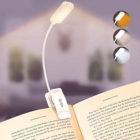 LED Clip-on Reading Light, Rechargeable, Eye Protection, Stepless Dimming & 3 Colors, 360° Flexible Neck, Long Lasting, Lightweight & Portable for Reading in Bed (White) (1/5)