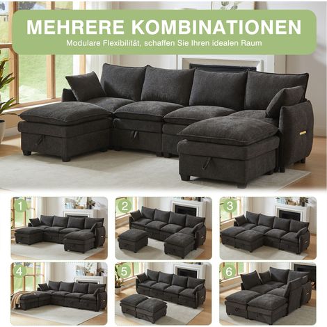 Canapé en U modulaire avec rangement,4 sièges et 2 repose-pieds. Housse chenille cadre bois massif pour salon moderne.