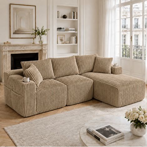 MODFU – Divano modulare in velluto a coste con chaise longue, modulo 2 posti, 5 cuscini, portabicchieri e tasche – Kaki (1/5)