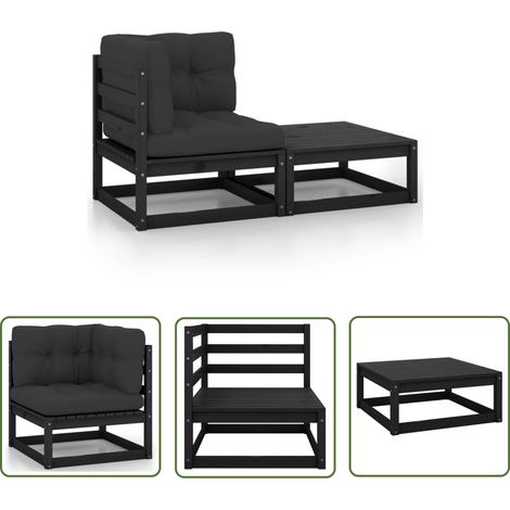 INLIFE Salon de jardin 2 pcs avec coussins Noir Bois de pin massif (1/5)