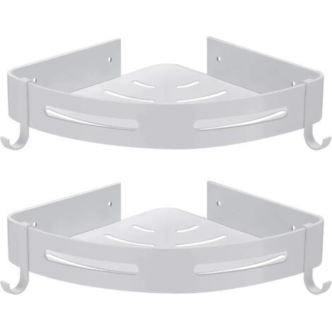 Etagère Douche d'angle sans Perçage Rangement Salle de Bain Douche Accessoire Salle de Bain Support Douche Aucun Antirouille en Aluminium Lot de 2 Blanc avec Crochets