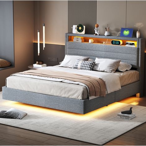 Cama tapizada 140/200 cm gris de lino con almacenaje hidráulico, cabecero giratorio y LED (1/5)