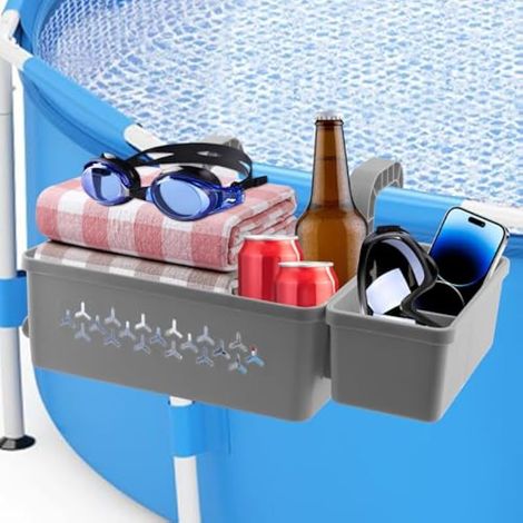 Panier de rangement au bord de la piscine avec porte-gobelet, support multifonction pour serviettes, boissons, jouets de piscine pour la plupart des piscines à cadre (gris) (1/5)