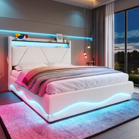 DESVIAE Lit coffre rembourré 140 x 200 cm avec tête de lit à étagère ouverte LED rangement USB Type C poches latérales sommier à lattes relevable en velours beige (1/5)