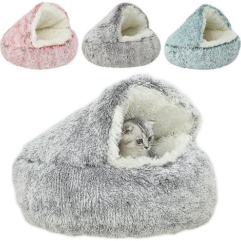 Nouveau lit d'hiver rond et doux en peluche, 2 en 1, avec capuche, pour chat ou chien. Niche/niche pour petits chiens et chats - 40 cm - Abricot - a (1/3)