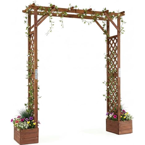 Arche de Jardin en Bois de Sapin, avec 2 Bacs à Fleurs Pergola Extérieur Toit Suspensions, Treillis Latéral Plantes Grimpantes, 208 x 55 x 220 cm (1/5)