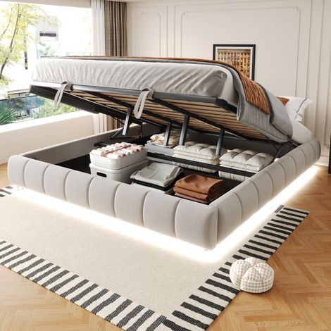 Bett modern 180x200 cm beige in Flanell, ohne Kopfteil, mit hydraulischem Stauraum und LED-Lichtleiste