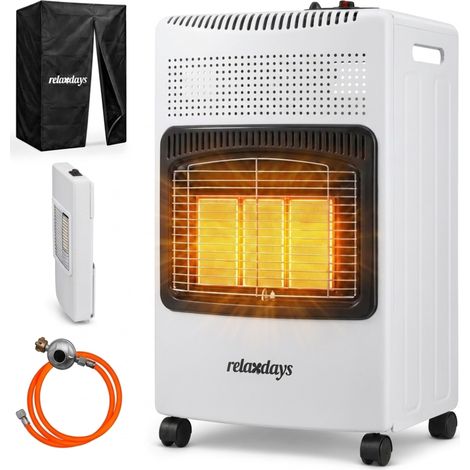 Relaxdays Estufa de gas, 3 placas cerámicas, 1500-4200 W, interior/exterior, ruedas, bombonas, calefactor de gas, blanca (1/5)