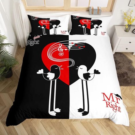 Couple Parure de Lit 140x200cm Mr and Mrs Housse de Couette Parure sur Le thème du Mariage Romantique Housse de Couette Noir Blanc Creative Love Birds Valentine Day Bedroom Decor 2Pcs - 140 x 200 cm (1/5)