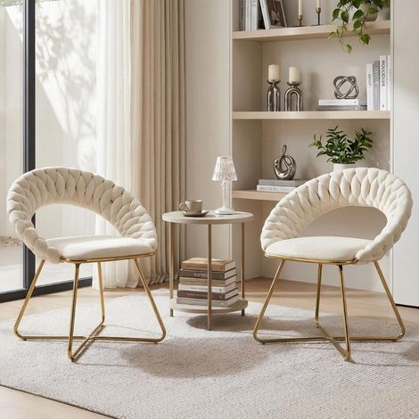 2er Set Loungesessel Samt mit geflochtener Rückenlehne und goldenen Metallbeinen, Beige (1/5)