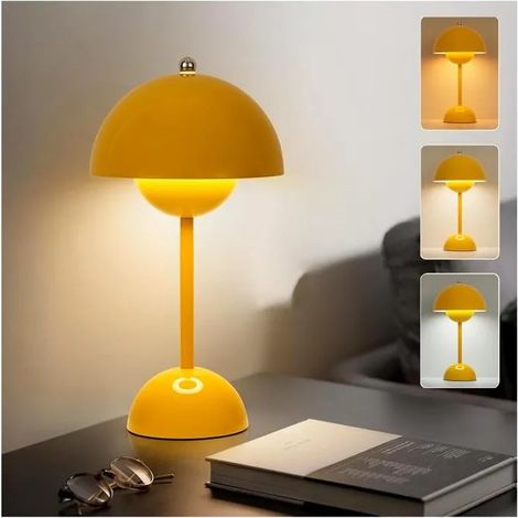 Lampe à poser champignon LED, batterie 3000 mAh, 3 couleurs, intensité réglable, style nordique, jaune (1/5)