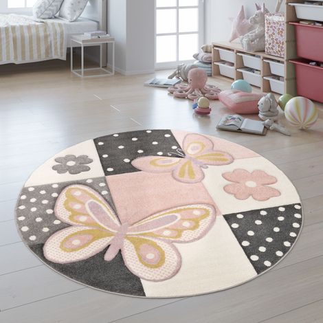 Paco Home Kinder Teppich Kinderzimmer Bunt Rosa Schmetterlinge Karo Muster Punkte Blumen Ø 120 cm Rund