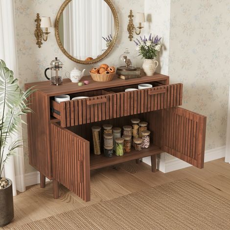 Credenza effetto legno con cassettiera, 100×80×30 cm, 2 cassetti e 2 ante, sistema antiribaltamento, tappetino antiscivolo, finitura noce (1/5)