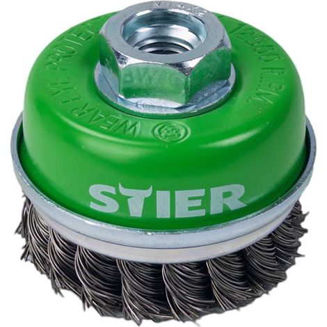 STIER Topfbürste Edelstahl, gezopfter Draht, für Winkelschleifer, Ø 65 mm, M14, Drahtstärke 0,5 mm, Drahtbürste-flex, Winkelschleifer-Zubehör, Stahlbürste, Drahtbürstenaufsatz (1/4)