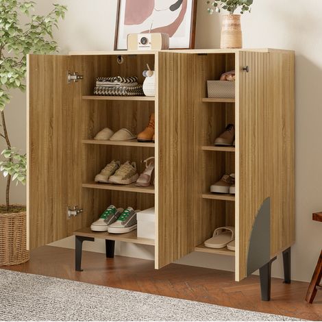 Meuble à chaussures 3 portes avec étagères 90x32x94 cm, bois clair, panneaux de bois, FloraGrace (1/5)