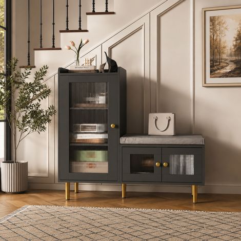 Meuble à chaussures avec 3 portes en verre, 100x35x90 cm, avec séparateur réglable et assise rembourrée, meuble de rangement moderne pour chaussures avec protection anti-basculement, noir (1/5)