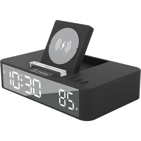 Réveil numérique 10 W avec miroir LED relevable et chargeur sans fil 10 W, idéal pour la chambre, le bureau ou la maison (EN001, noir).