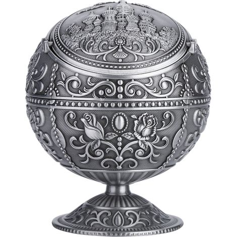 Cendrier Vintage en Métal à Motifs Estampés - Décoration Bohème et Cadeau Original (Argenté) (1/5)