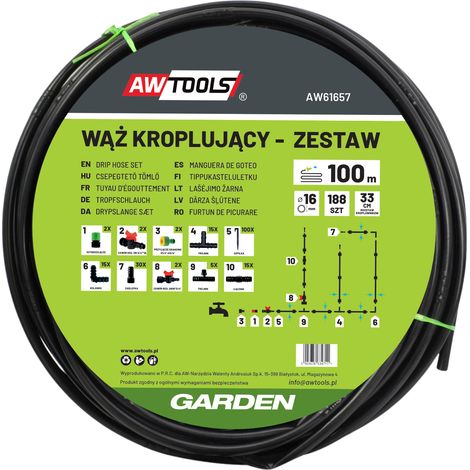 Set di tubi per irrigazione a goccia Awtools da 100 m, codice 188 EL.