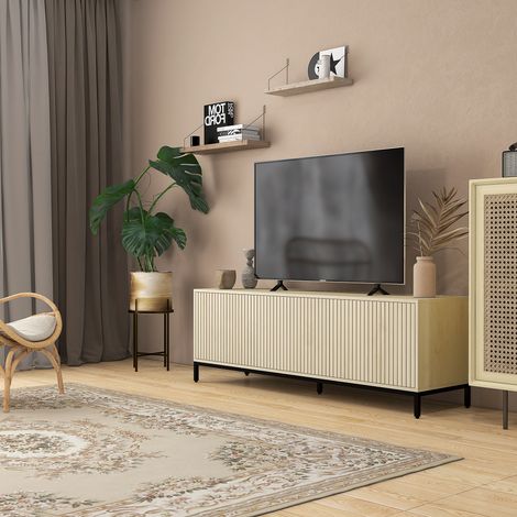 Meuble banc TV Banc Max. 65 Pouces 3 placards 2 passe-câbles avec étagères réglables - dim. 150L x 40D x 51H cm